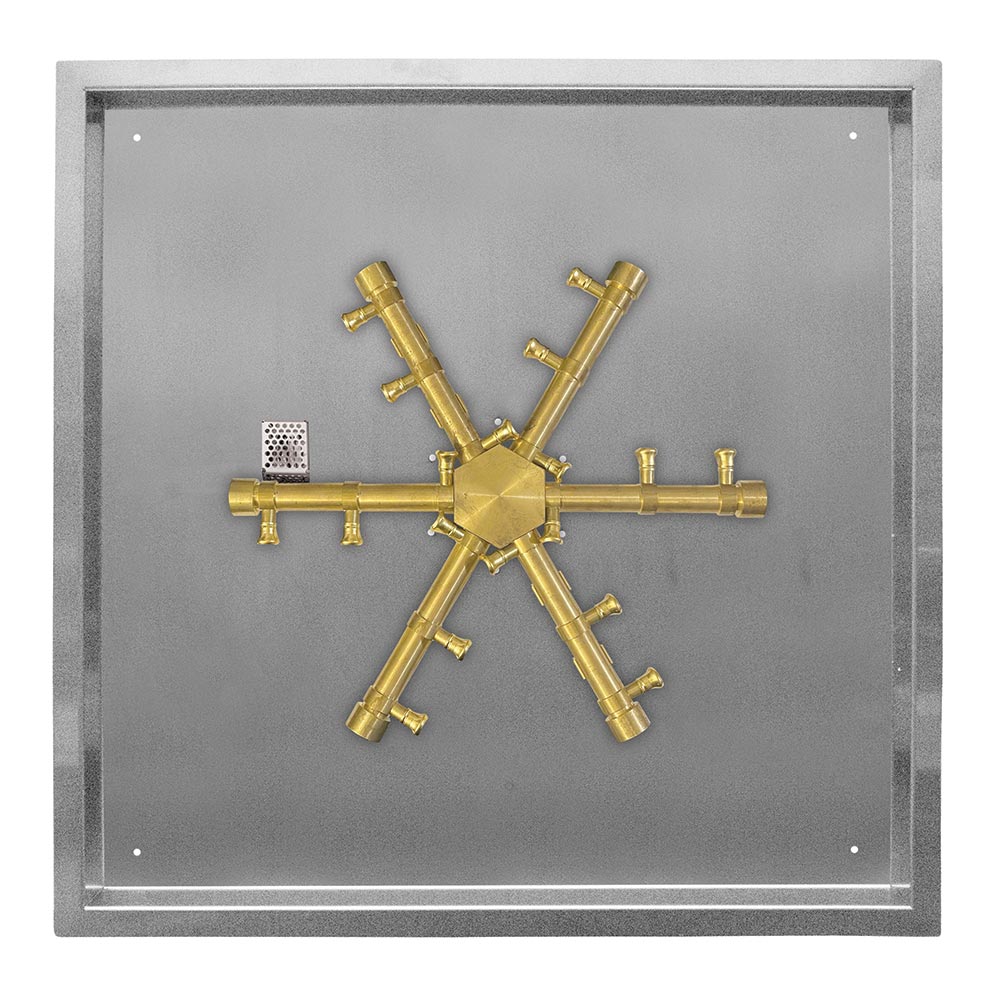 Brass match-light ignition burner spur assembly centered in square drop pan