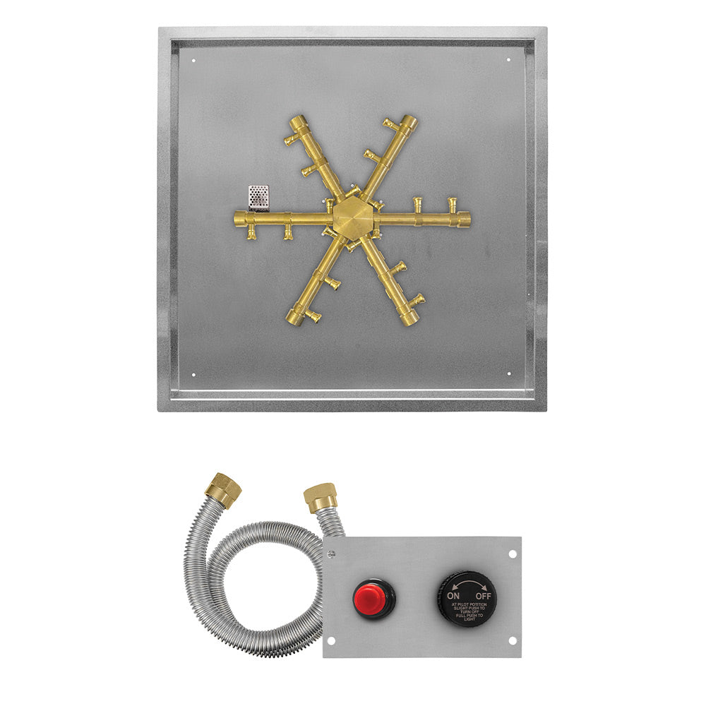 Brass gas burner spark ignition cross with flame sensing in metal square pan