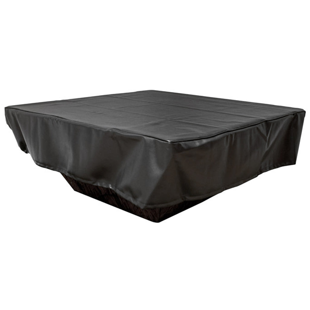 Square vinyl fire pit cover with fitted top, dark black color, 48x48 in