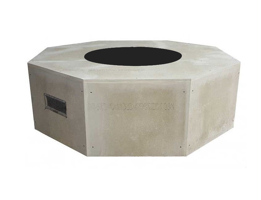 Unfinished octagonal fire pit enclosure with top round opening and side vent panel.