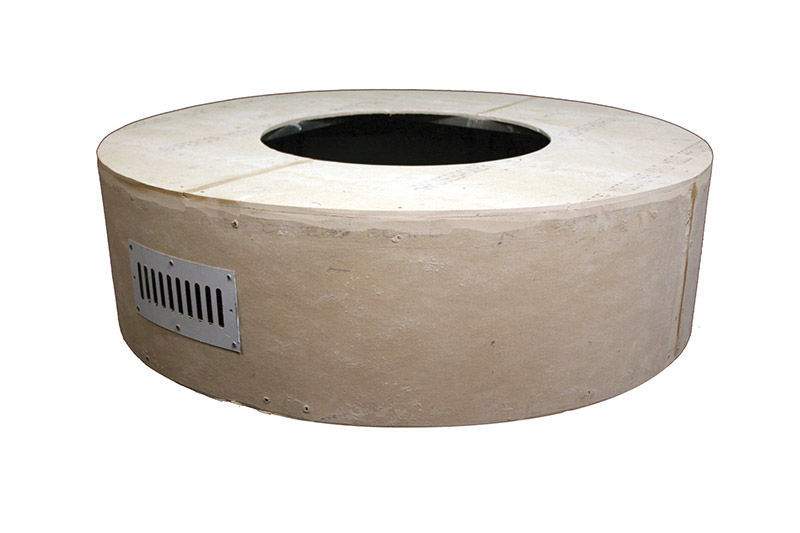 Round unfinished fire pit enclosure with top opening and side vent panel, light concrete finish