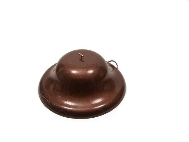 Round copper-brown fire pit cover with central knob and side handles