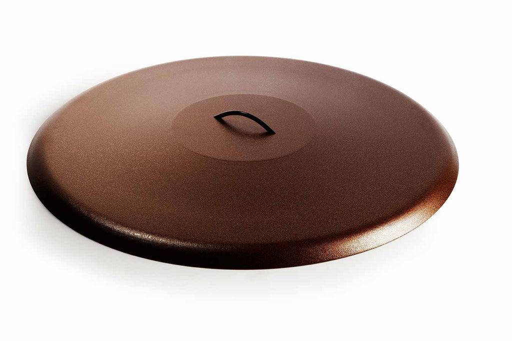 Round aluminum fire pit cover, copper vein finish with center handle ring