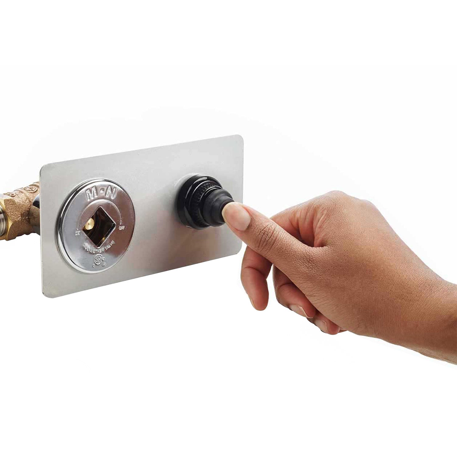 Push-button ignition control with round dial and black knob on metal plate