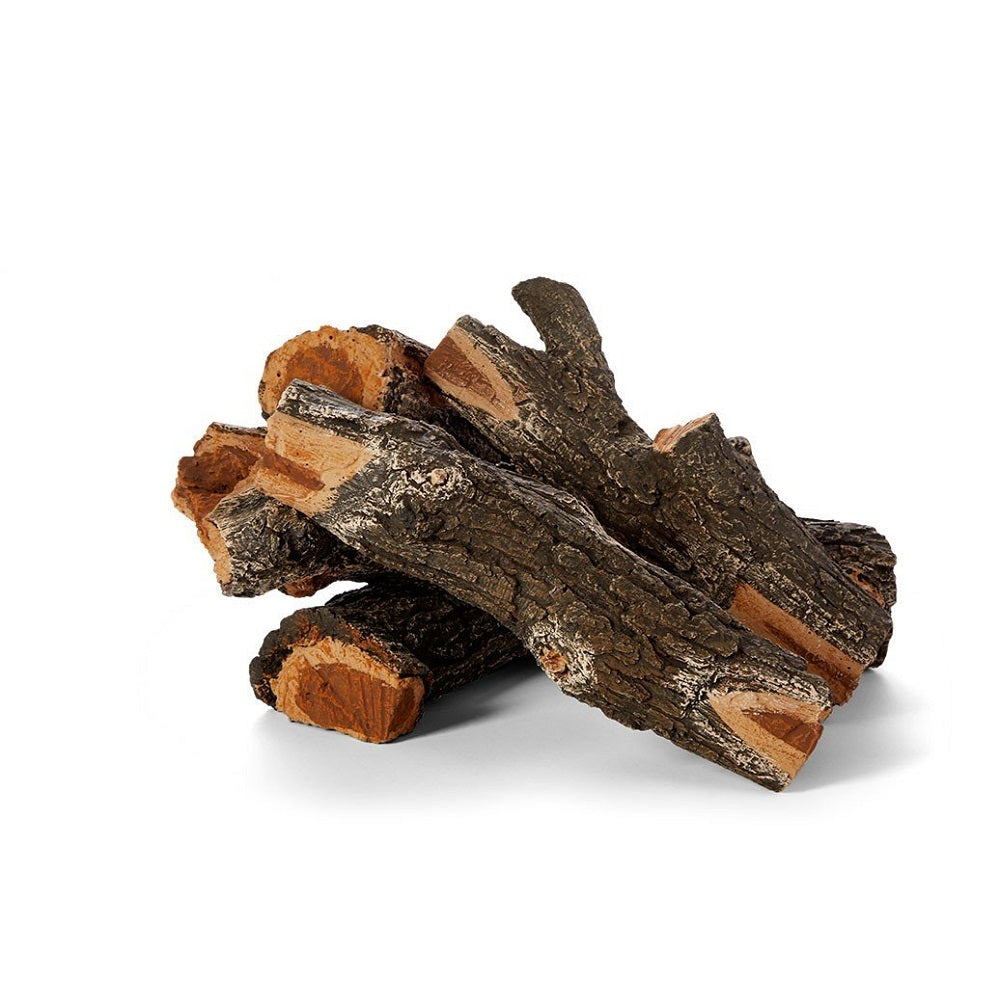 Concrete gas log set with weathered oak-style brown and dark wood-look pieces