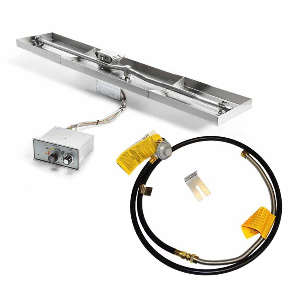 Linear gas fire pit burner kit with black hose and yellow shutoff valves