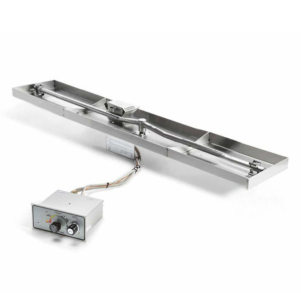 Rectangular linear gas fire pit burner pan with wiring harness and control module
