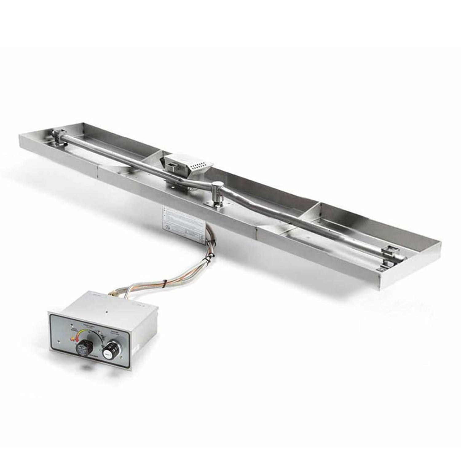 Rectangular linear gas fire pit burner pan with wiring harness and control module