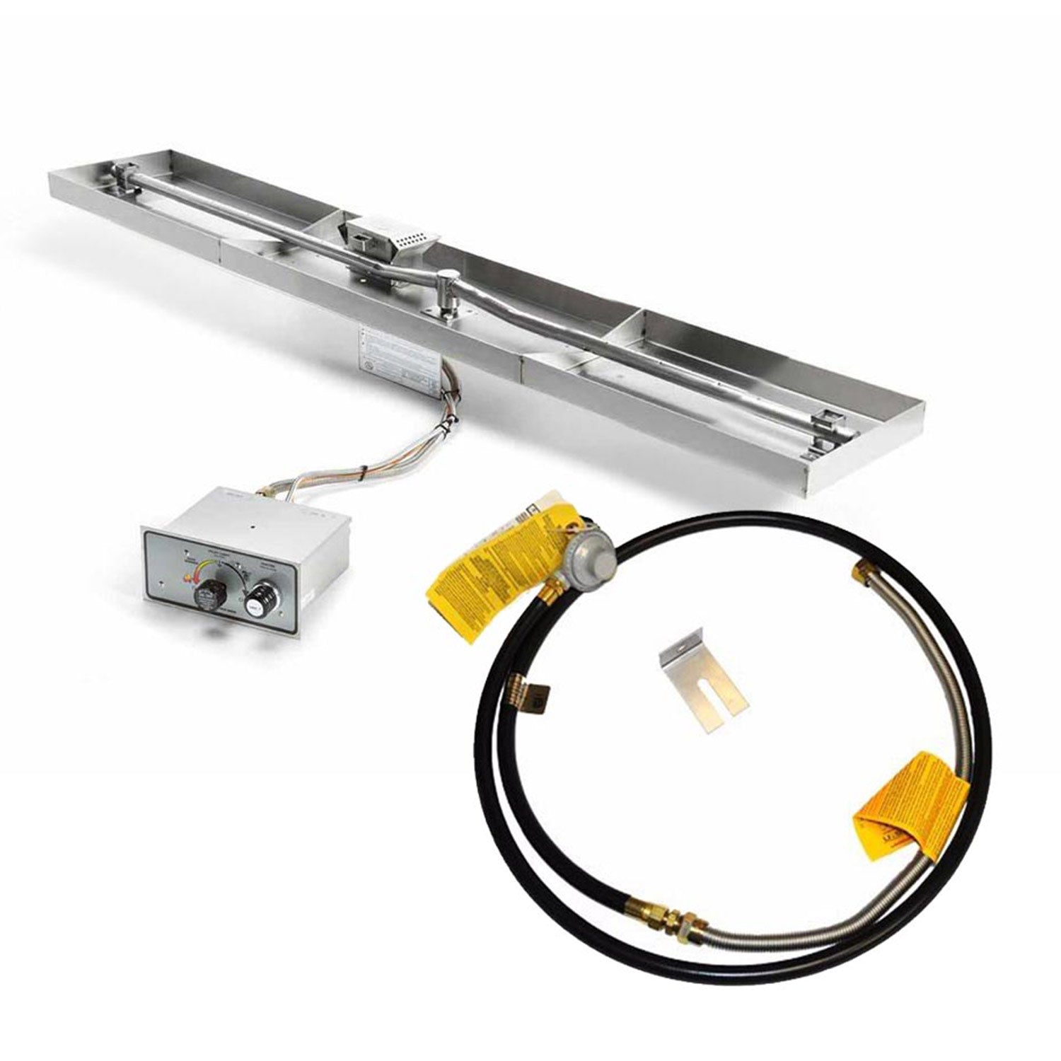 Linear gas fire pit burner pan kit with control box and connected gas hose