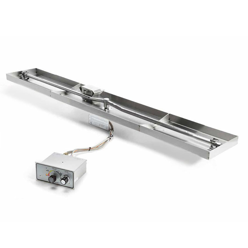 Rectangular stainless gas fire pit burner pan with control box and attached cables