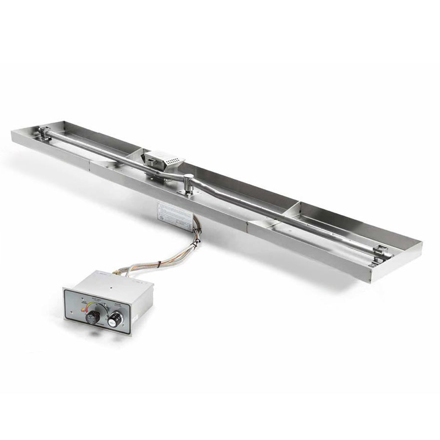 Rectangular stainless gas fire pit burner pan with control box and attached cables