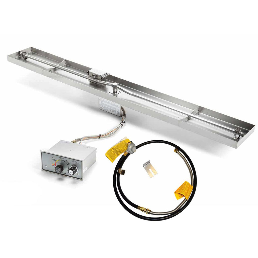 Rectangular stainless burner pan kit with control box, black hose, and yellow connectors