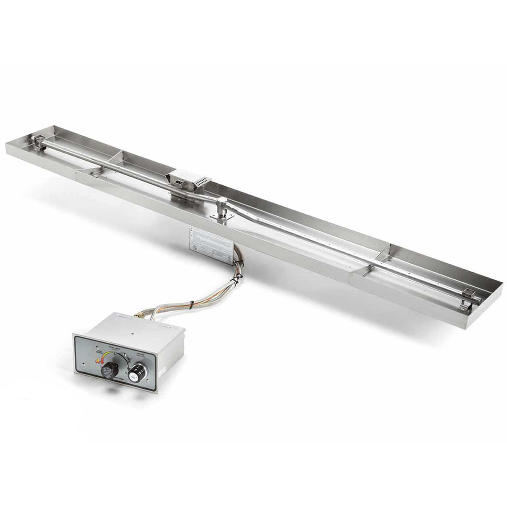Linear gas fire pit burner kit with rectangular metal pan and control box