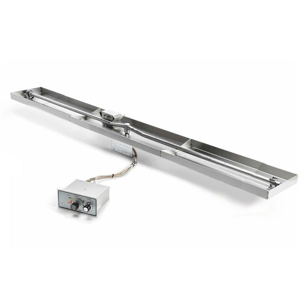 Rectangular stainless gas burner pan with small white control box and wiring
