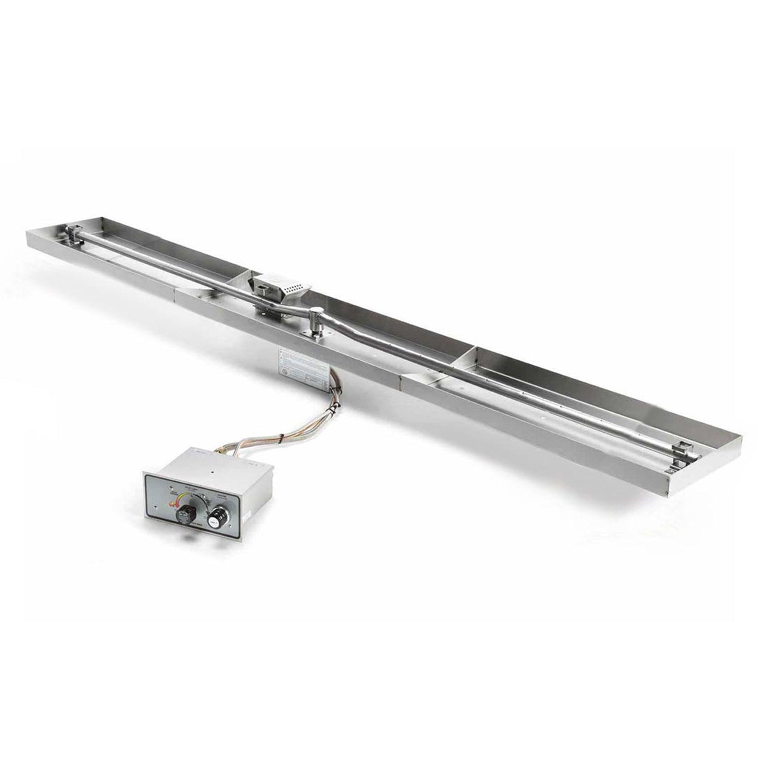 Rectangular stainless gas burner pan with small white control box and wiring