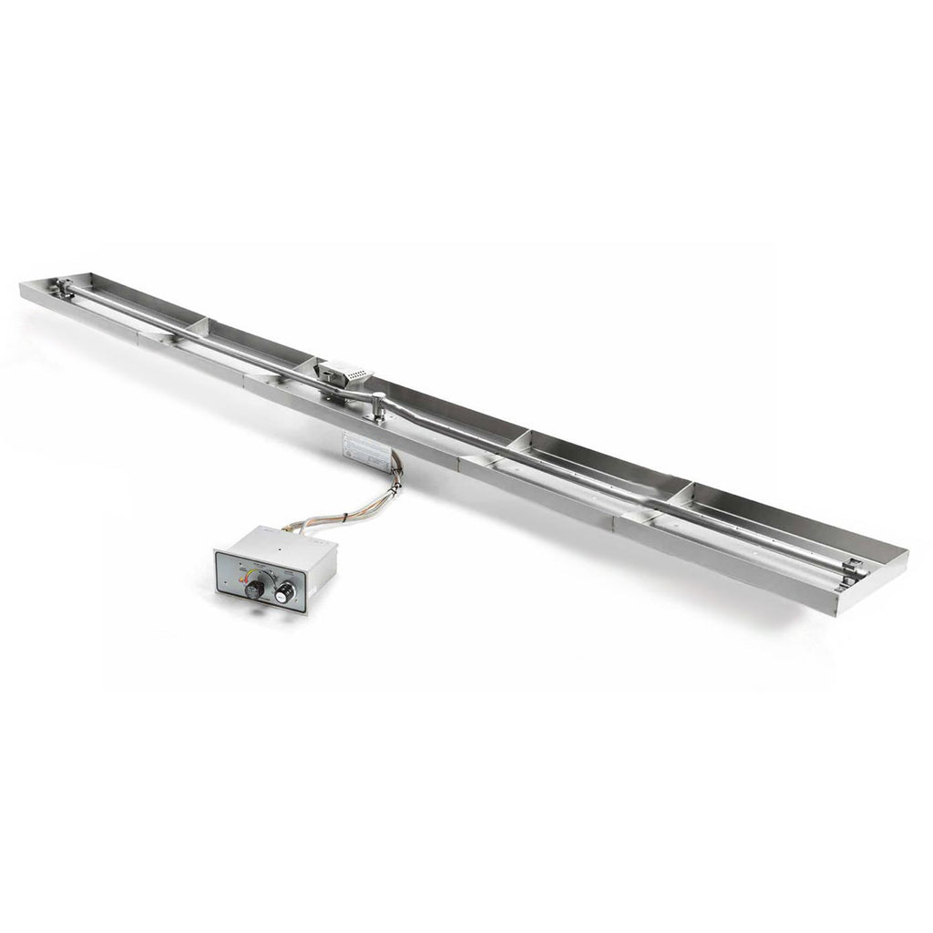 Rectangular stainless burner rail with white control module and connected sensor cable