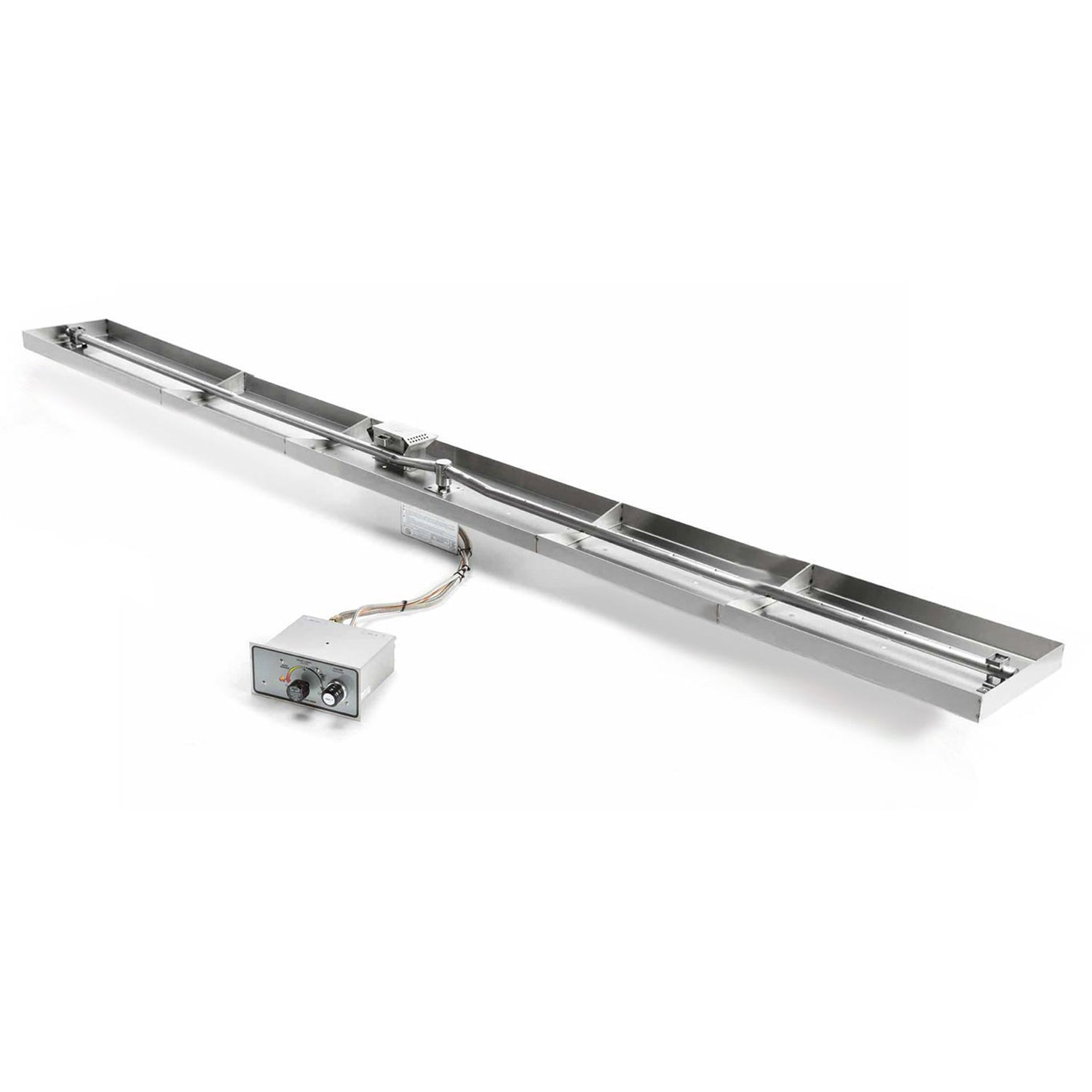 Rectangular stainless burner rail with white control module and connected sensor cable