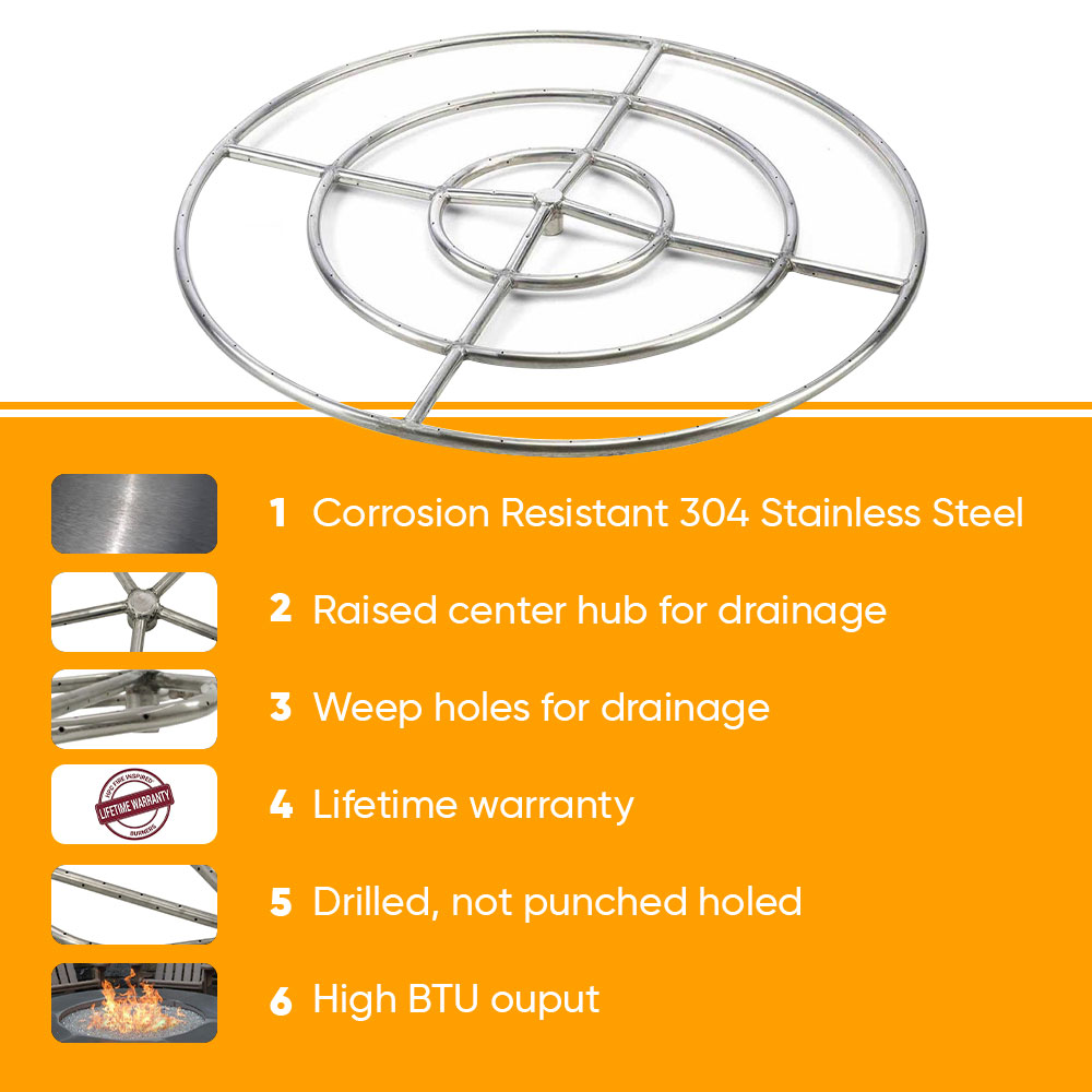 Round stainless steel burner pan with raised center hub and weep holes