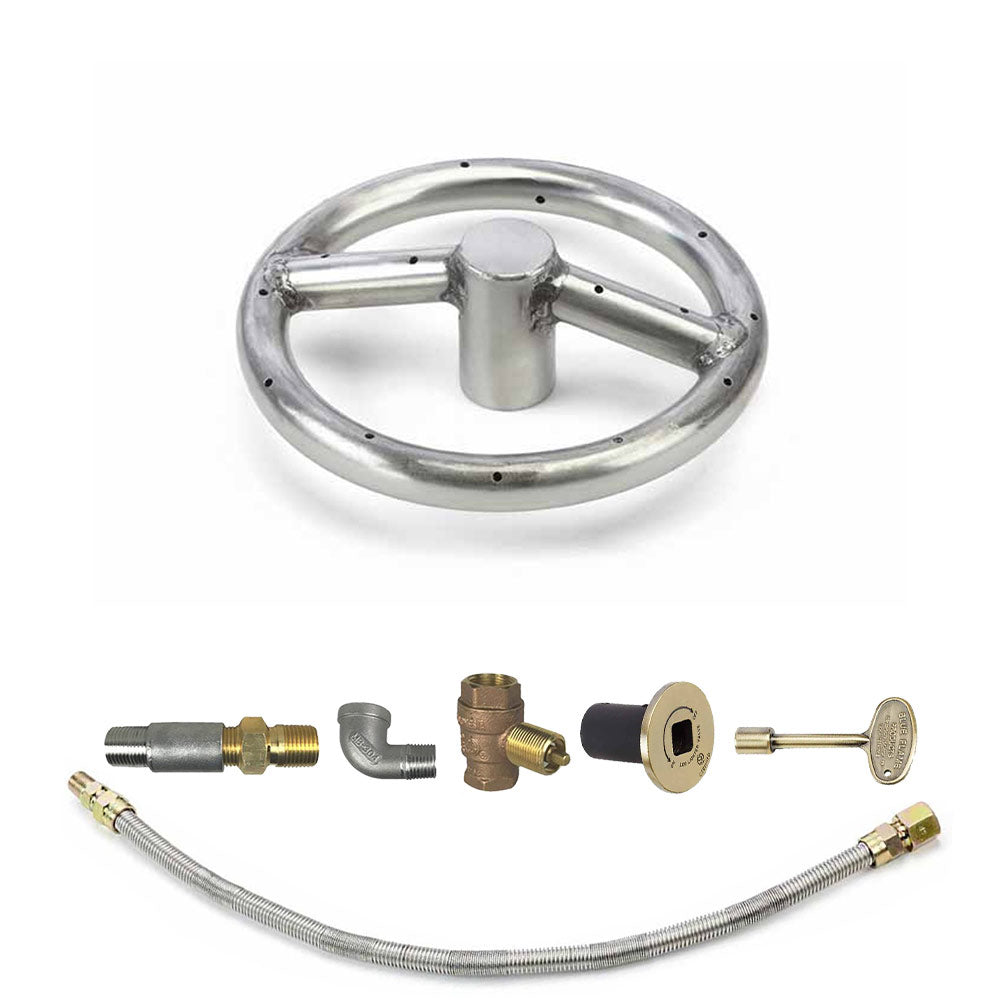 Round stainless steel fire pit burner kit with hose, brass fittings, and gold control plate