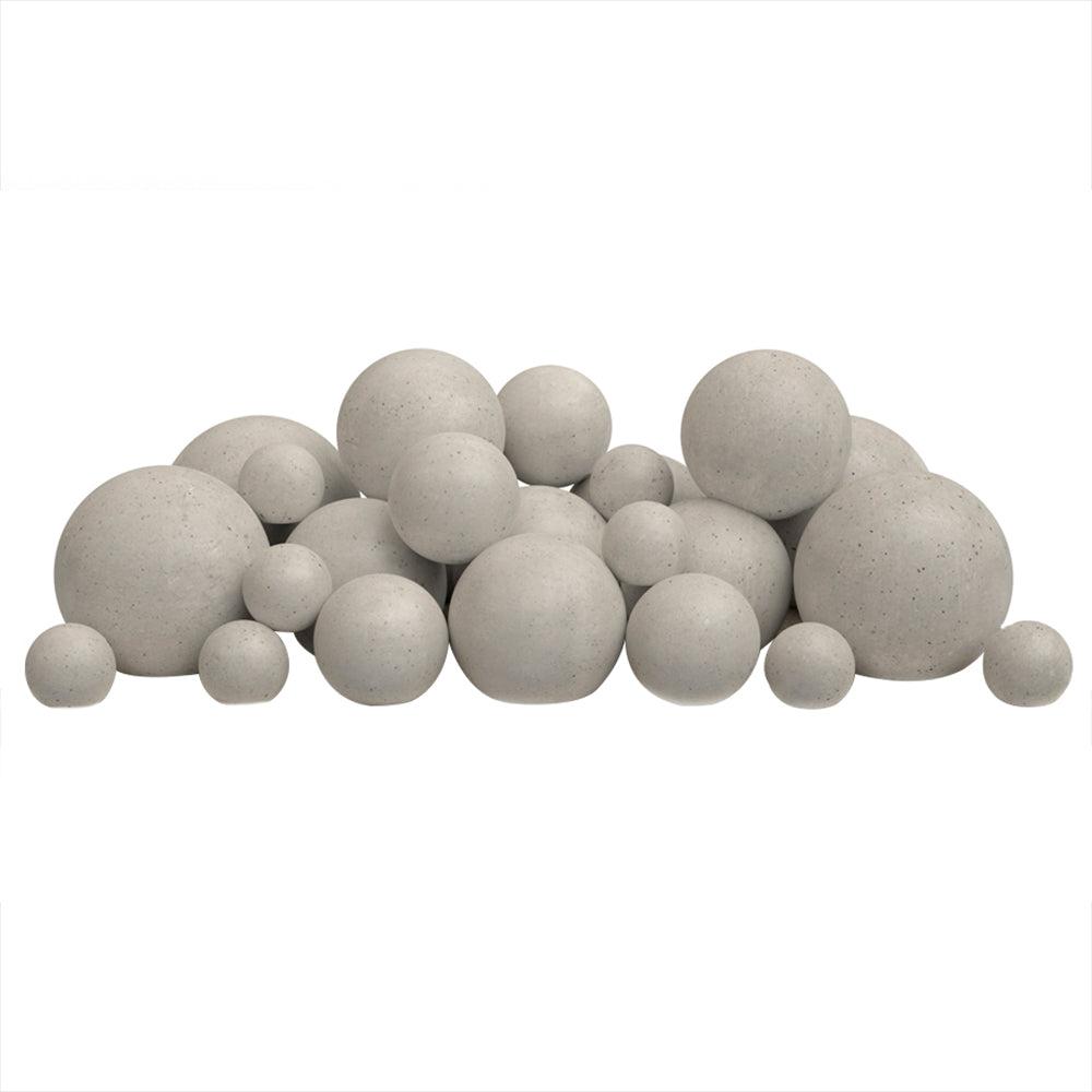Mixed fire pit spheres set with light gray matte spheres in varied sizes