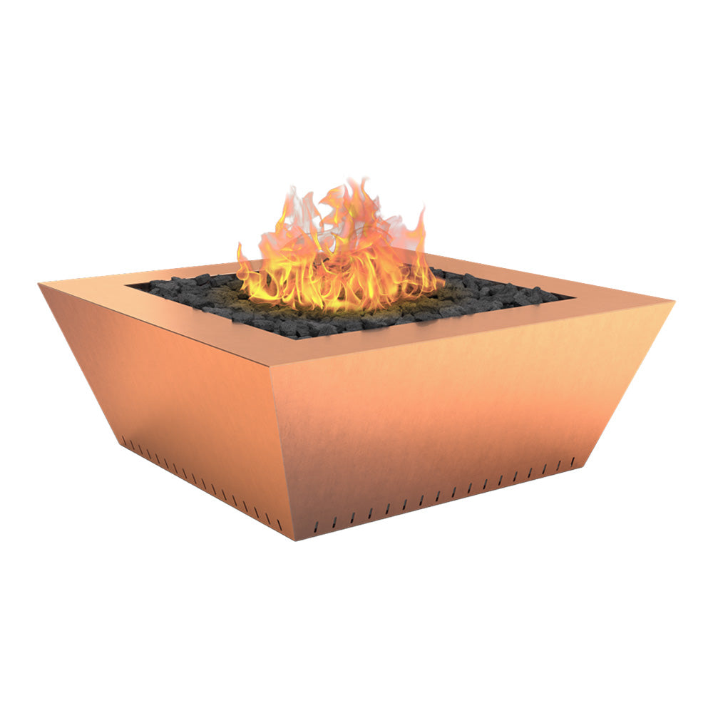 Copper gas fire table with square basin, burning flames and black fire media