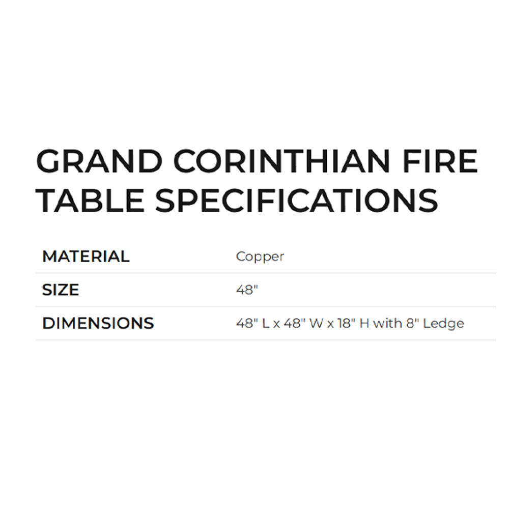 Copper gas fire table specifications: 48 in size, 48"L x 48"W x 18"H