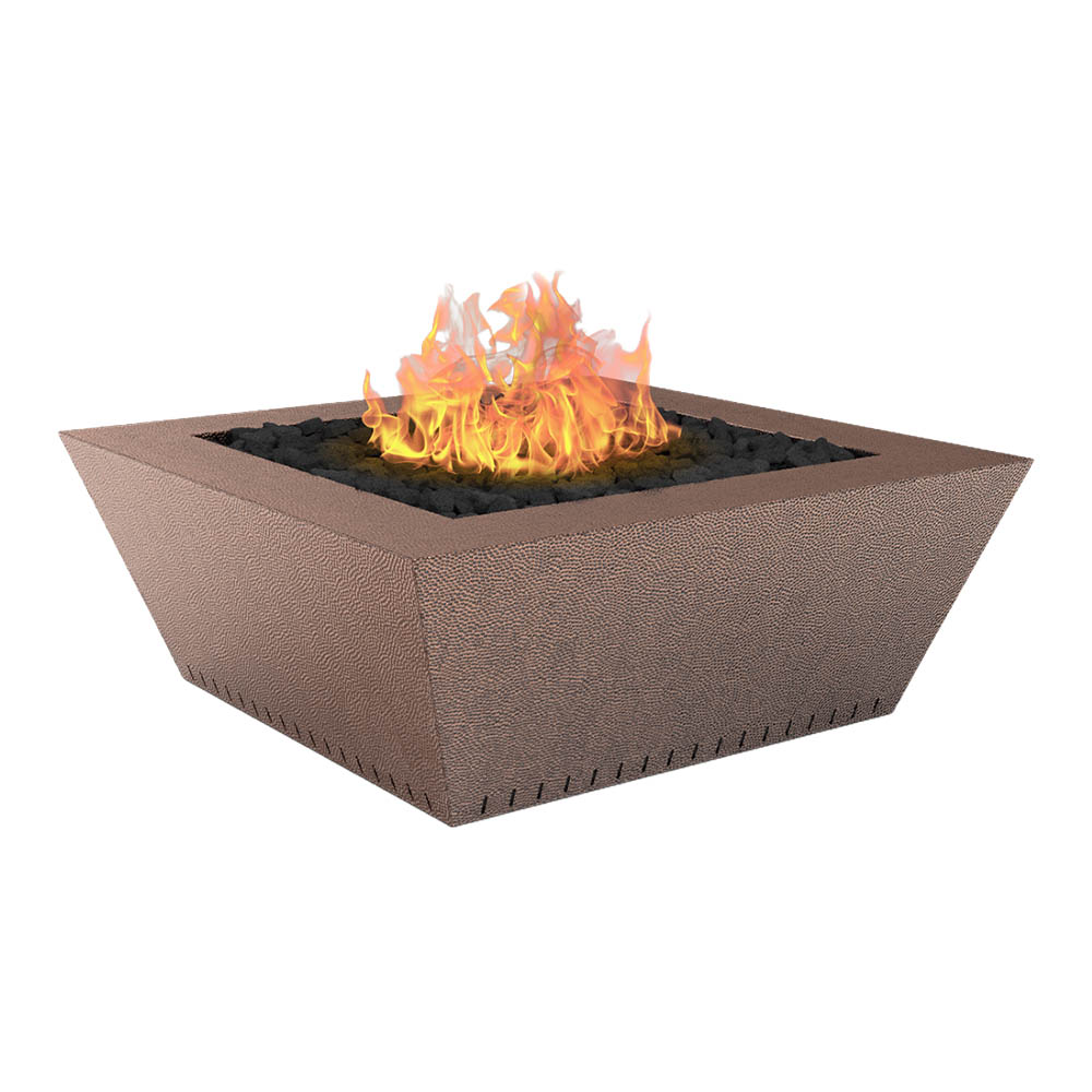 Hammered copper gas fire table with open flame and black lava rocks, rectangular bowl