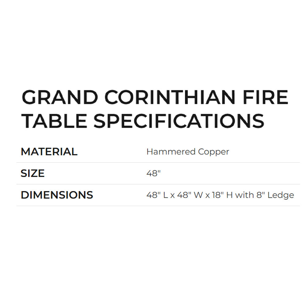 48-inch hammered copper gas fire table specifications card with dimensions