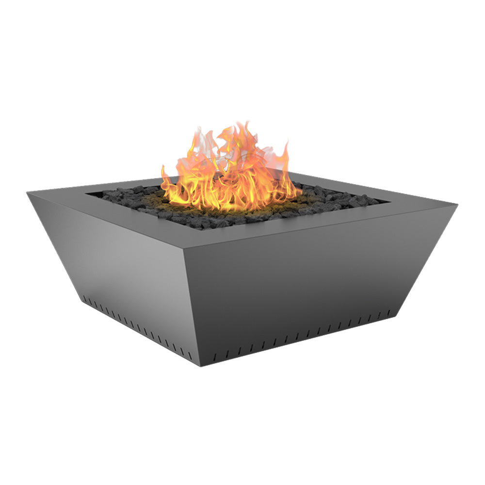 Powder-coated gas fire table with square metal bowl in grey, flames and lava rocks