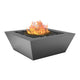 Powder-coated gas fire table with square metal bowl in grey, flames and lava rocks