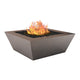 Powder-coated gas fire table with square metal bowl in chestnut, flames and lava rocks