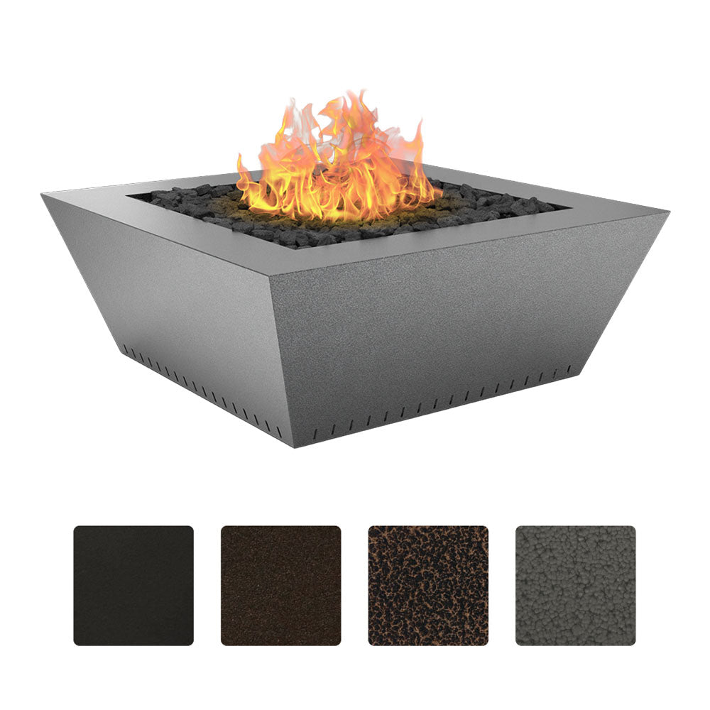 Powder-coated gas fire table with square metal base, burning flames and lava rocks
