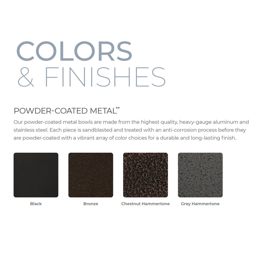 Powder-coated fire table color options with four finish swatches: black, bronze, chestnut, grey