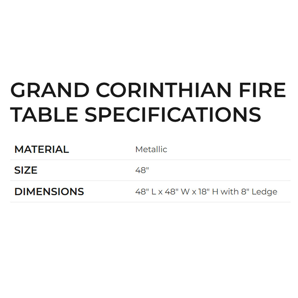 Gas fire table specifications panel showing material and 48-inch size