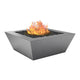 Powder-coated gas fire table with square metal bowl in silver-grey, flames and lava rocks