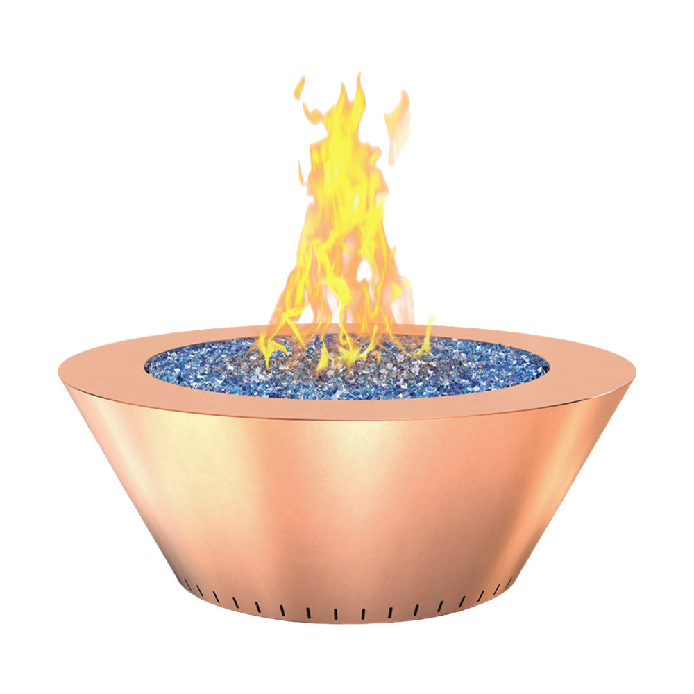 Round copper gas fire table with blue fire glass and open flame