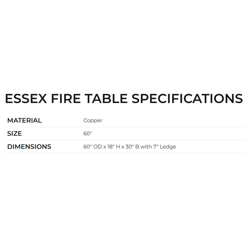 Essex fire table specifications panel showing copper and 60-inch size