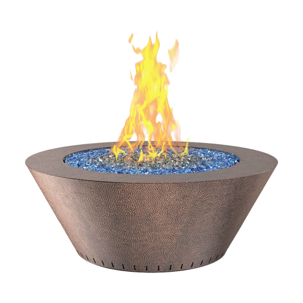 Round hammered copper gas fire table with blue fire glass and flames