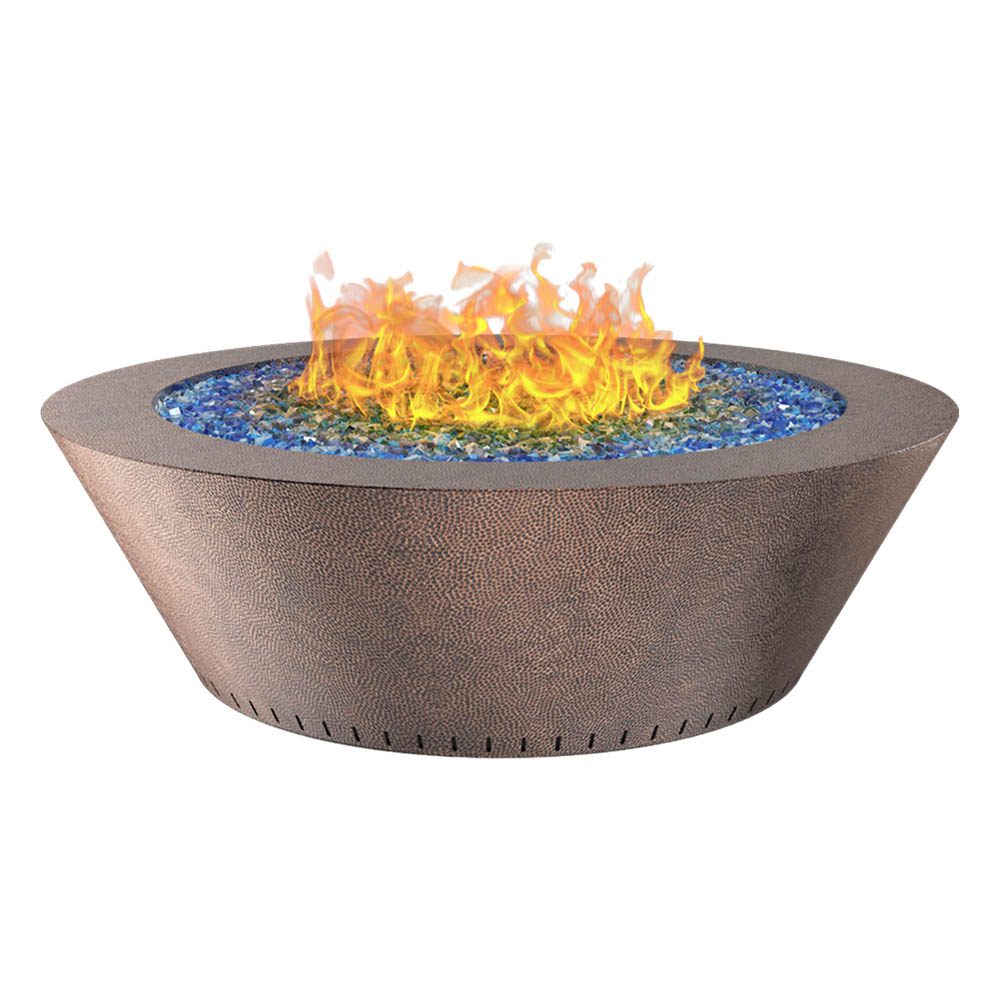 Hammered metal round gas fire table with flames and blue fire media