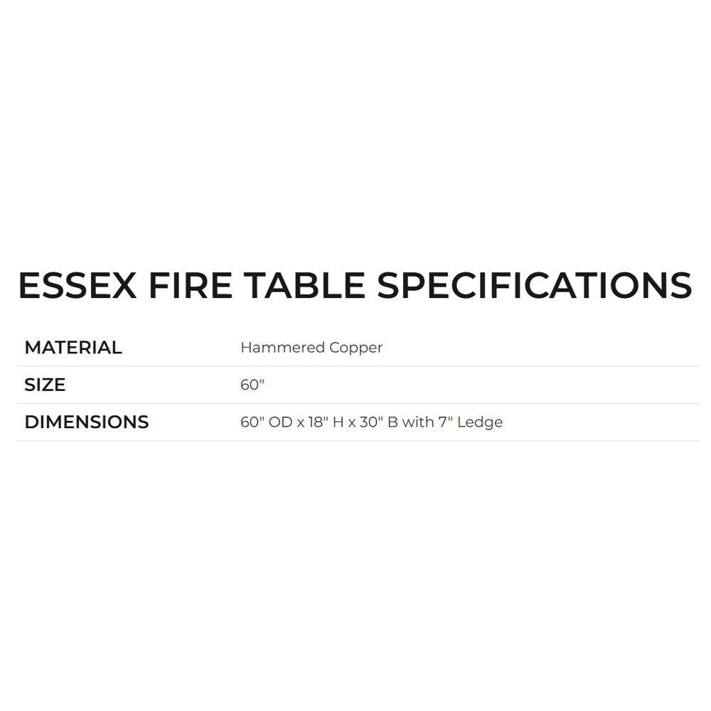 Essex fire table specifications showing hammered copper, 60 in size, dimensions