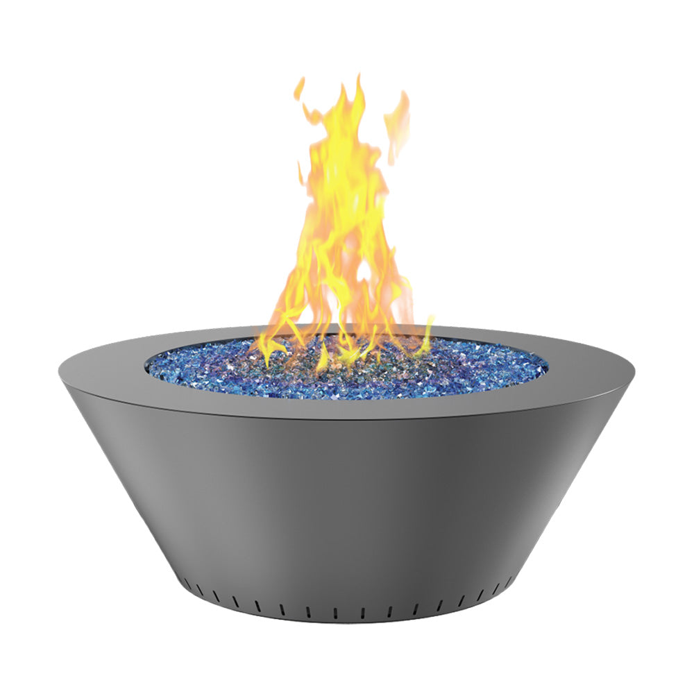 Round gas fire table with blue fire media and flames, dark grey powder-coated finish