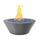 Round gas fire table with blue fire media and flames, dark grey powder-coated finish