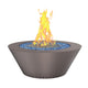 Round gas fire table with blue fire media and flames, bronze powder-coated finish