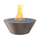 Round gas fire table with blue fire media and flames, chestnut hammertone powder coat