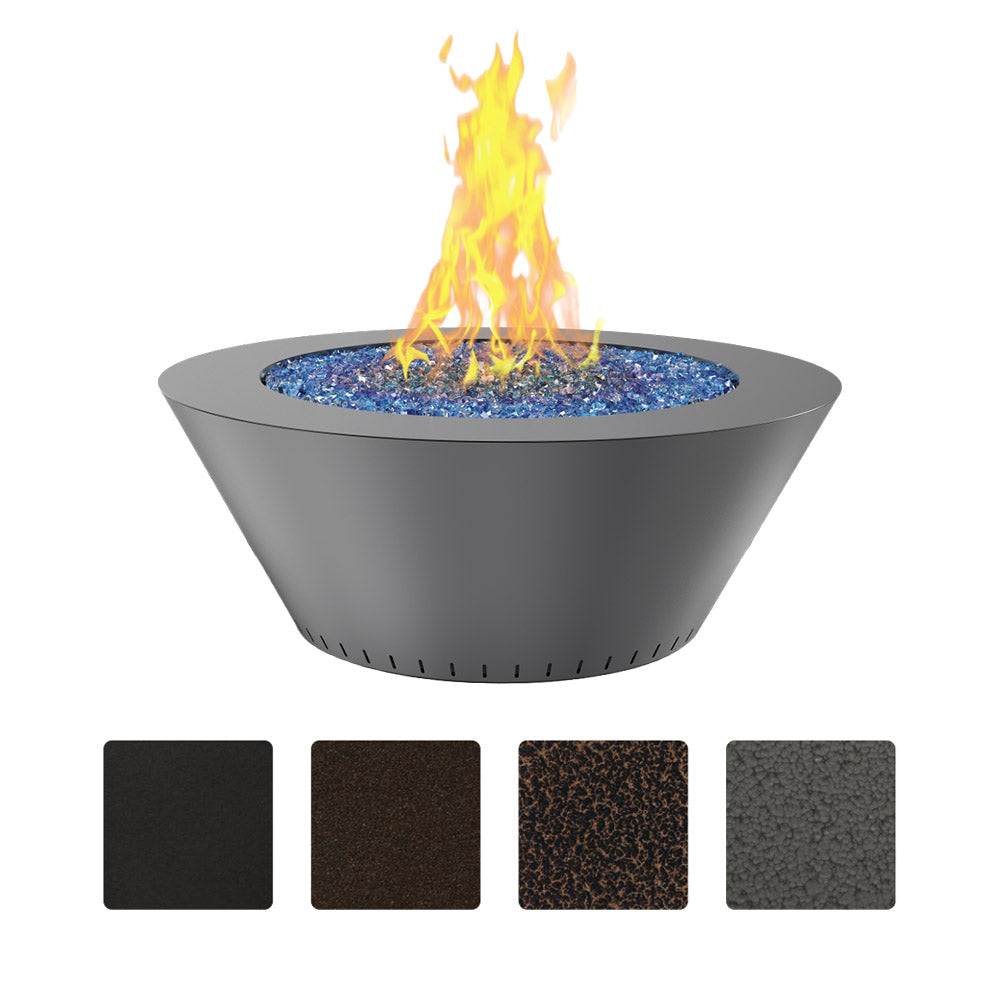 Round gas fire table with blue fire media and flames, black powder-coated finish