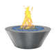 Round gas fire table with blue fire media and flames, grey hammertone powder-coated finish
