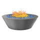 Round powder-coated gas fire table with blue fire glass and visible burner flames