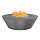 Round powder-coated gas fire table with blue fire glass and orange flame glow