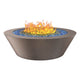 Round powder-coated gas fire table with textured finish, blue fire glass, and flames