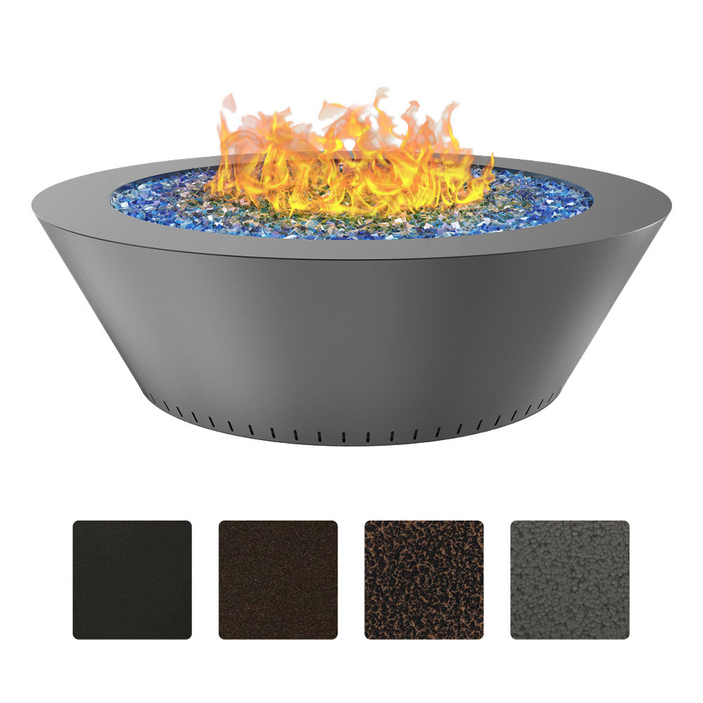 Round powder-coated gas fire table with blue fire glass and orange flames
